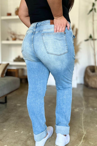 Judy Blue Full Size Distressed Straight Jeans with Patch Pockets - Just Believe Boutique