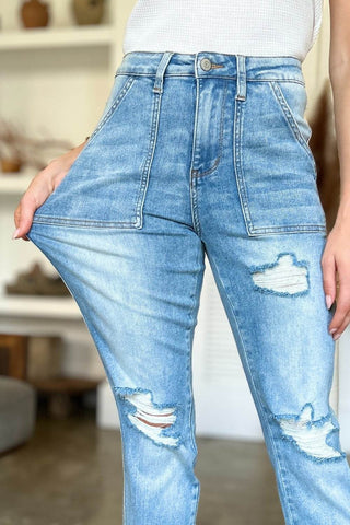 Judy Blue Full Size Distressed Straight Jeans with Patch Pockets - Just Believe Boutique