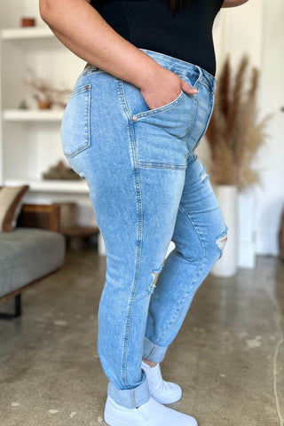 Judy Blue Full Size Distressed Straight Jeans with Patch Pockets - Just Believe Boutique