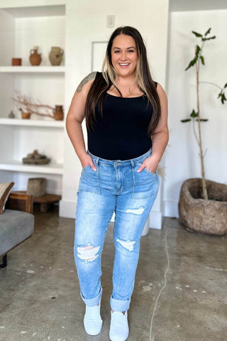 Judy Blue Full Size Distressed Straight Jeans with Patch Pockets - Just Believe Boutique