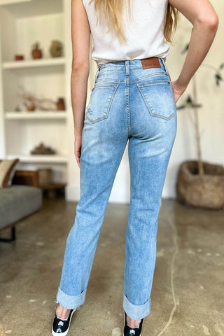 Judy Blue Full Size Distressed Straight Jeans with Patch Pockets - Just Believe Boutique