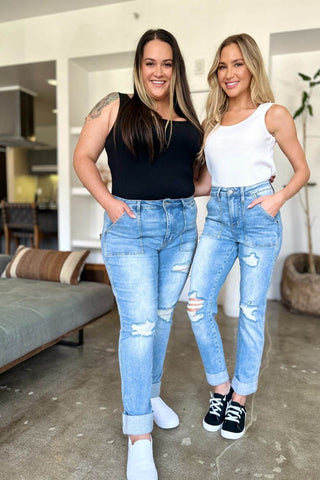 Judy Blue Full Size Distressed Straight Jeans with Patch Pockets - Just Believe Boutique