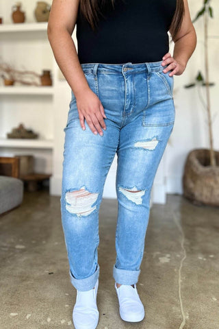 Judy Blue Full Size Distressed Straight Jeans with Patch Pockets - Just Believe Boutique
