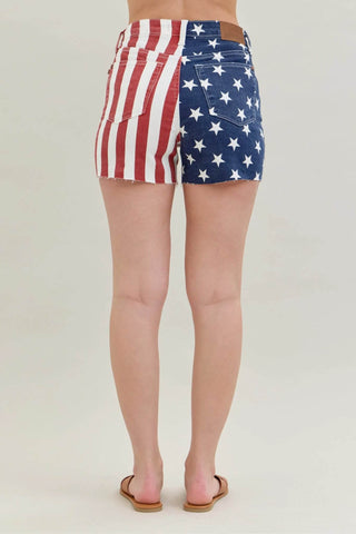 Judy Blue Full Size High Waist Americana Flag Fray Hem Shorts Plus Size - Just Believe Boutique