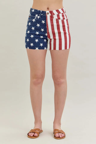 Judy Blue Full Size High Waist Americana Flag Fray Hem Shorts Plus Size - Just Believe Boutique