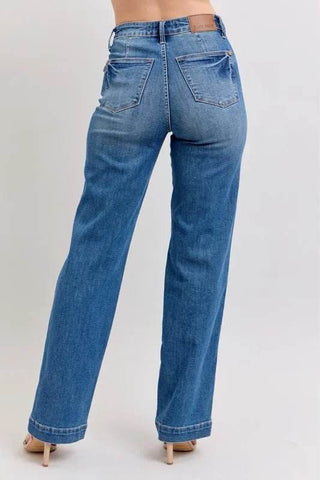 Back angled view of Judy Blue Full Size High Waist Straight Jeans, showing contrast stitching and rear pocket design.