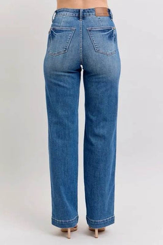 Rear view of Plus Size High Waist Judy Blue Straight Jeans, featuring classic back pockets and high-rise waistband.