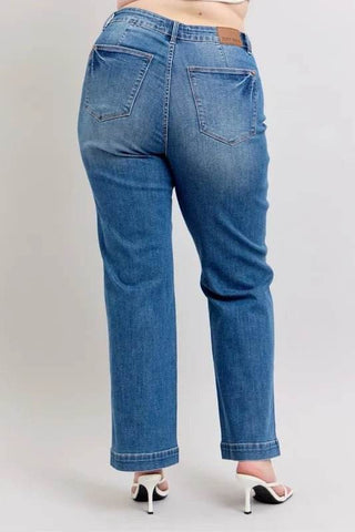 Back view of Plus Size High Waist Judy Blue Straight Jeans, featuring signature Judy Blue patch and rear pocket stitching.