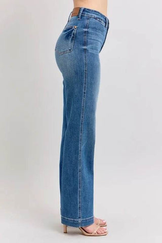 Right side profile of Judy Blue Full Size High Waist Straight Jeans, designed for a flattering plus size fit with contrast thread detail.