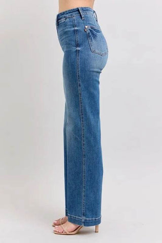 Left side profile of Plus Size High Waist Judy Blue Straight Jeans, emphasizing the sleek fit and durable denim texture.
