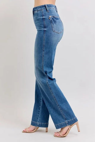 Side view of Judy Blue Full Size High Waist Straight Jeans, highlighting contrast thread and structured silhouette for plus size wearers.