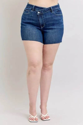 Judy Blue Full Size High Waist Criss - Cross Waistband Denim Shorts Plus Size - Just Believe Boutique