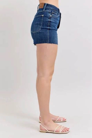 Judy Blue Full Size High Waist Criss - Cross Waistband Denim Shorts Plus Size - Just Believe Boutique