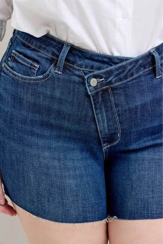 Judy Blue Full Size High Waist Criss - Cross Waistband Denim Shorts Plus Size - Just Believe Boutique