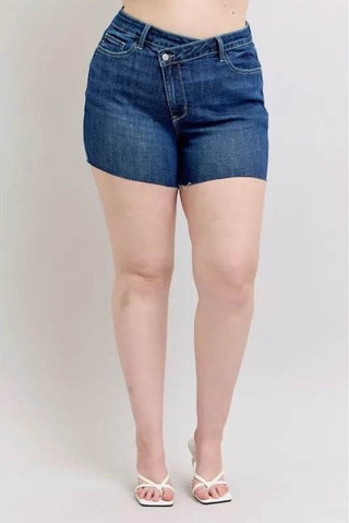 Judy Blue Full Size High Waist Criss - Cross Waistband Denim Shorts Plus Size - Just Believe Boutique