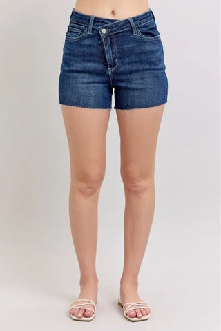 Judy Blue Full Size High Waist Criss - Cross Waistband Denim Shorts Plus Size - Just Believe Boutique