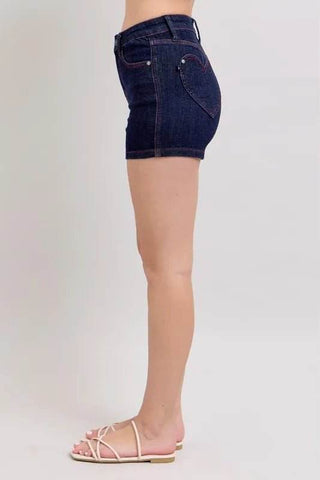 Judy Blue Full Size High Waist Heart Shaped Pkts & Red Contrast Thread Denim Shorts Plus Size - Just Believe Boutique