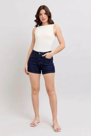 Judy Blue Full Size High Waist Heart Shaped Pkts & Red Contrast Thread Denim Shorts Plus Size - Just Believe Boutique