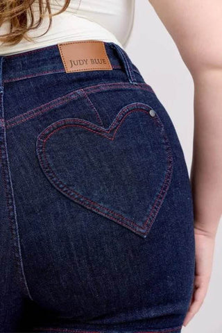 Judy Blue Full Size High Waist Heart Shaped Pkts & Red Contrast Thread Denim Shorts Plus Size - Just Believe Boutique