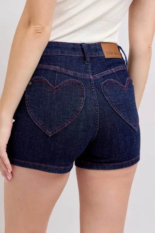Judy Blue Full Size High Waist Heart Shaped Pkts & Red Contrast Thread Denim Shorts Plus Size - Just Believe Boutique