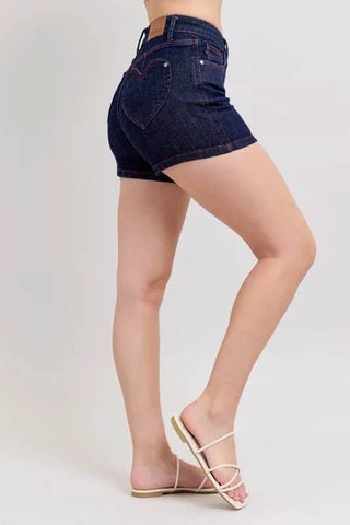 Judy Blue Full Size High Waist Heart Shaped Pkts & Red Contrast Thread Denim Shorts Plus Size - Just Believe Boutique