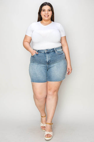 Judy Blue Full Size High Waist Rhinestone Decor Denim Shorts - Just Believe Boutique
