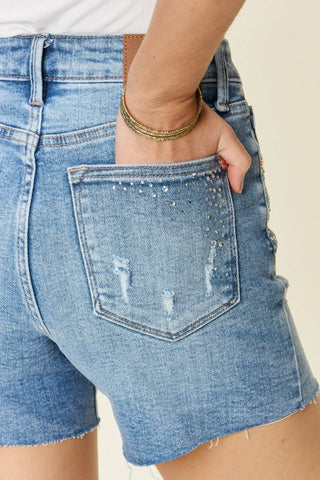 Judy Blue Full Size High Waist Rhinestone Decor Denim Shorts - Just Believe Boutique