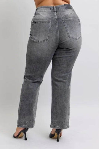 Judy Blue Full Size High Waist Rhinestone Straight Jeans Plus Size - Just Believe Boutique