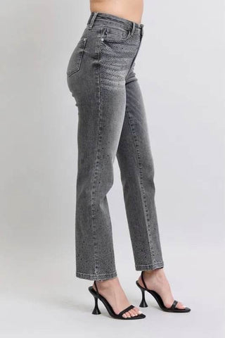 Judy Blue Full Size High Waist Rhinestone Straight Jeans Plus Size - Just Believe Boutique
