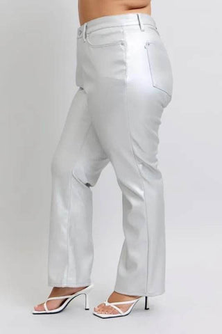 Judy Blue Full Size High Waist Silver Faux Leather Pants Plus Size - Just Believe Boutique