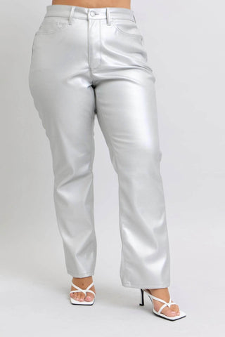 Judy Blue Full Size High Waist Silver Faux Leather Pants Plus Size - Just Believe Boutique