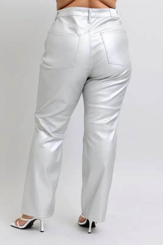 Judy Blue Full Size High Waist Silver Faux Leather Pants Plus Size - Just Believe Boutique