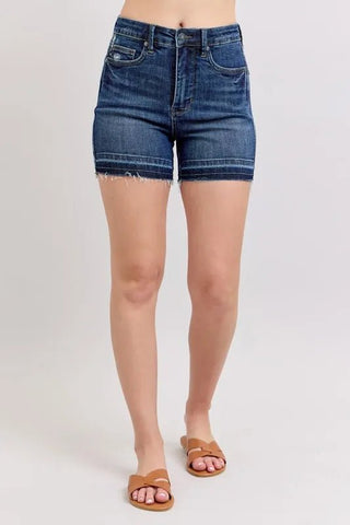 Judy Blue Full Size High Waist Tummy Control Destroy Release Hem Denim Shorts Plus Size - Just Believe Boutique