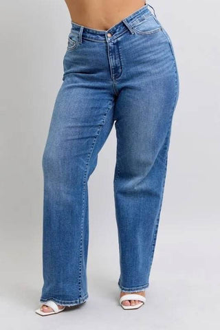 Judy Blue Full Size High Waist V-Front Vintage Wash Straight Jeans Plus Size - Just Believe Boutique