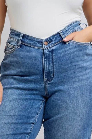 Judy Blue Full Size High Waist V-Front Vintage Wash Straight Jeans Plus Size - Just Believe Boutique