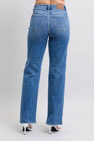 Judy Blue Full Size High Waist V-Front Vintage Wash Straight Jeans Plus Size - Just Believe Boutique