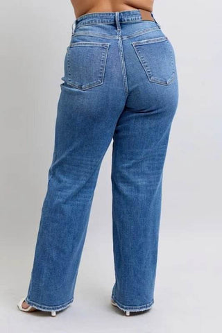 Judy Blue Full Size High Waist V-Front Vintage Wash Straight Jeans Plus Size - Just Believe Boutique