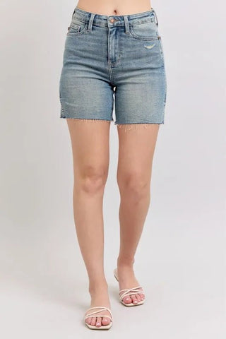 Judy Blue Full Size High Waist Vintage Wash Side Slit Denim Shorts Plus Size - Just Believe Boutique