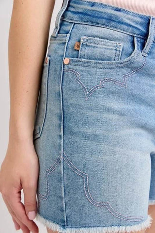 Judy Blue Full Size High Waist Western Embroidery Detail Cut Off Denim Shorts Plus Size - Just Believe Boutique