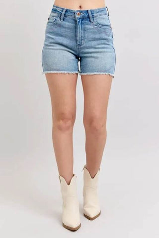 Judy Blue Full Size High Waist Western Embroidery Detail Cut Off Denim Shorts Plus Size - Just Believe Boutique