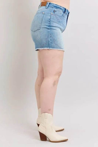 Judy Blue Full Size High Waist Western Embroidery Detail Cut Off Denim Shorts Plus Size - Just Believe Boutique