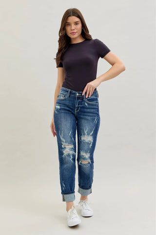Judy Blue Full Size Mid Rise Cuffed Destroy Bf Jeans Plus Size - Just Believe Boutique