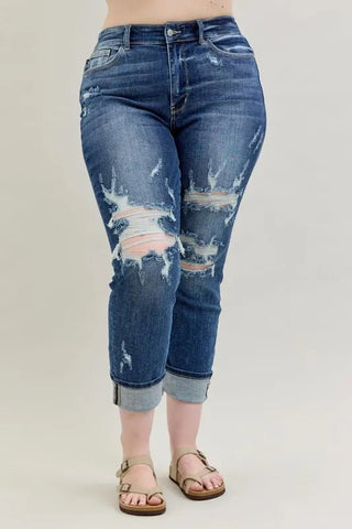 Judy Blue Full Size Mid Rise Cuffed Destroy Bf Jeans Plus Size - Just Believe Boutique