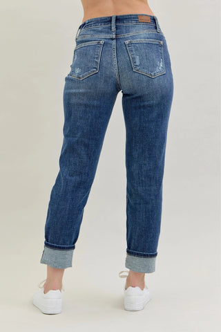 Judy Blue Full Size Mid Rise Cuffed Destroy Bf Jeans Plus Size - Just Believe Boutique
