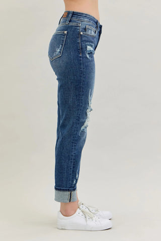 Judy Blue Full Size Mid Rise Cuffed Destroy Bf Jeans Plus Size - Just Believe Boutique
