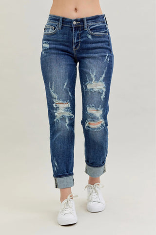 Judy Blue Full Size Mid Rise Cuffed Destroy Bf Jeans Plus Size - Just Believe Boutique