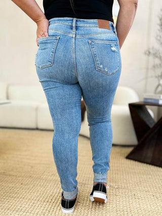 Judy Blue Full Size Mid Rise Destroy & Cuff Skinny Jeans - Just Believe Boutique