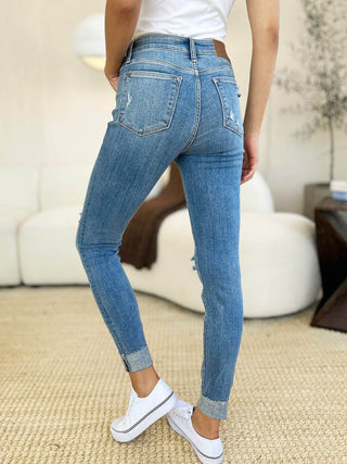 Judy Blue Full Size Mid Rise Destroy & Cuff Skinny Jeans - Just Believe Boutique