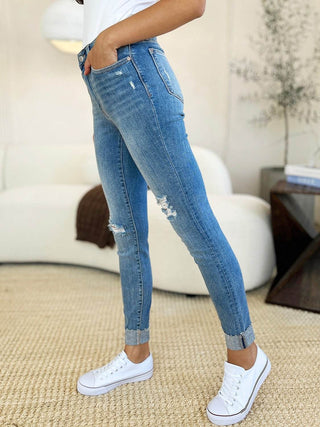 Judy Blue Full Size Mid Rise Destroy & Cuff Skinny Jeans - Just Believe Boutique
