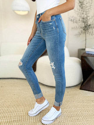 Judy Blue Full Size Mid Rise Destroy & Cuff Skinny Jeans - Just Believe Boutique